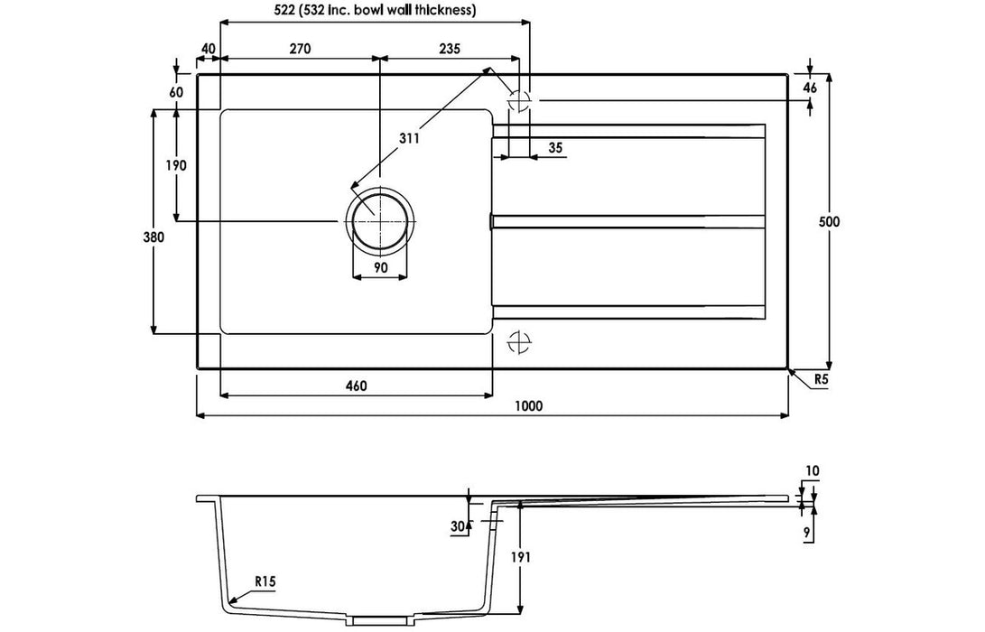 Abode Zero 1B & Drainer Granite Inset Sink - Grey Metallic