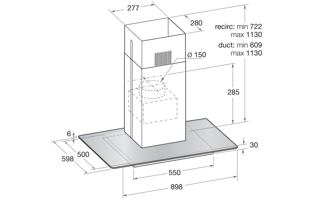 Hotpoint UIF 9.3F LB X 90cm Flat Glass Island Hood - Glass & St/Steel